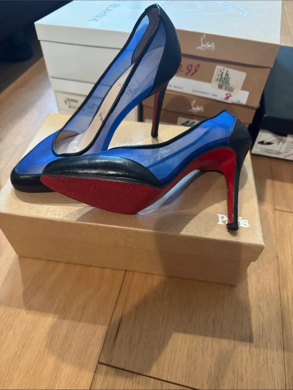 Christian Louboutin Black Leather and Blue Mesh Pumps with Red Soles